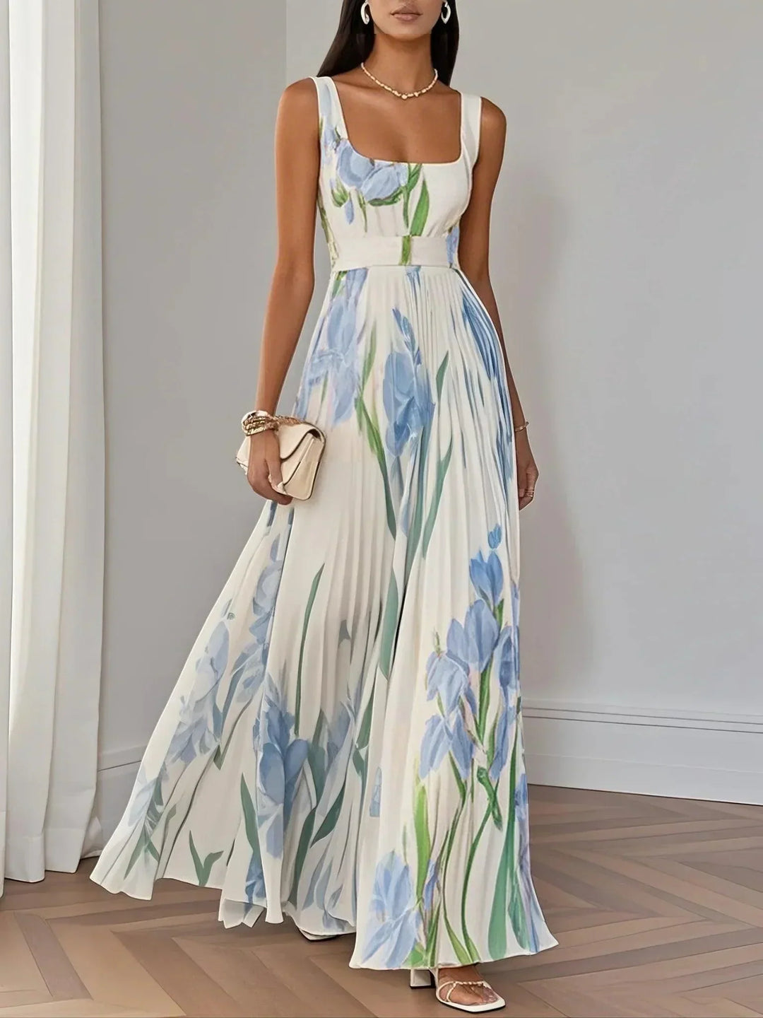 Zephyrine™ - White Pleated Floral Chiffon Maxi Dress