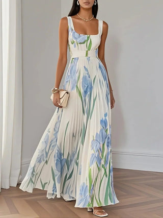Zephyrine™ - White Pleated Floral Chiffon Maxi Dress