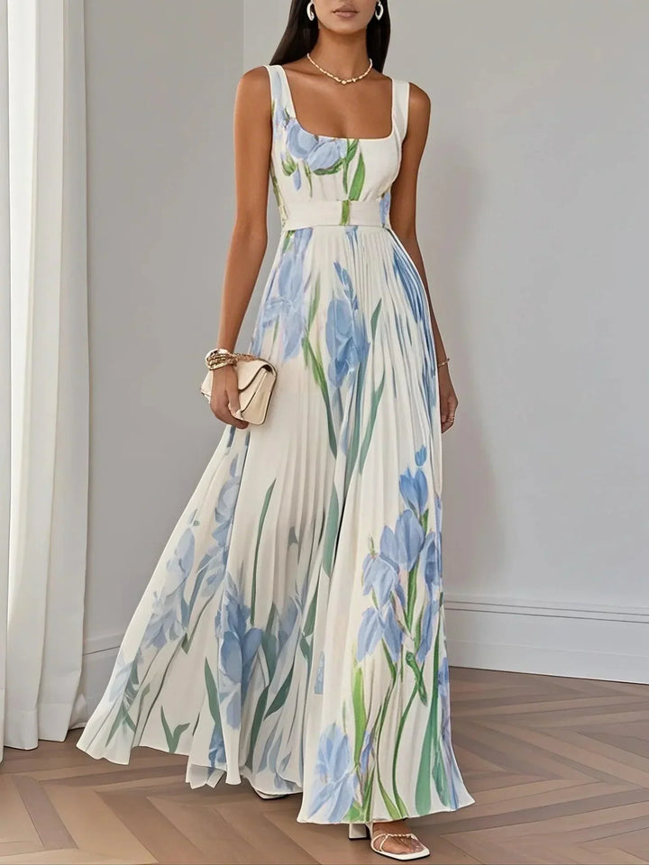 Zephyrine™ - White Pleated Floral Chiffon Maxi Dress