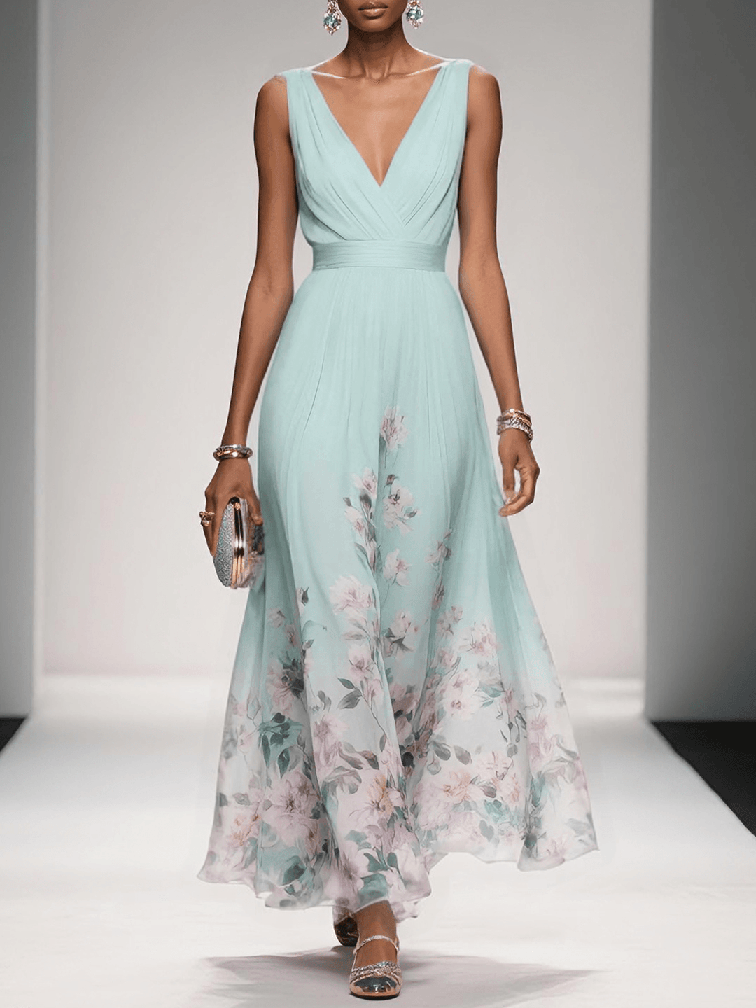 Sidonie™ - Light Blue Floral Chiffon V-Neck Maxi Dress