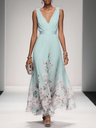 Sidonie™ - Light Blue Floral Chiffon V-Neck Maxi Dress