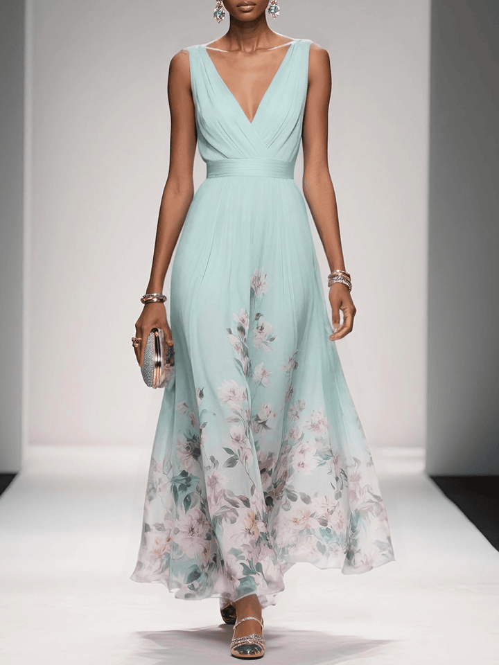 Sidonie™ - Light Blue Floral Chiffon V-Neck Maxi Dress