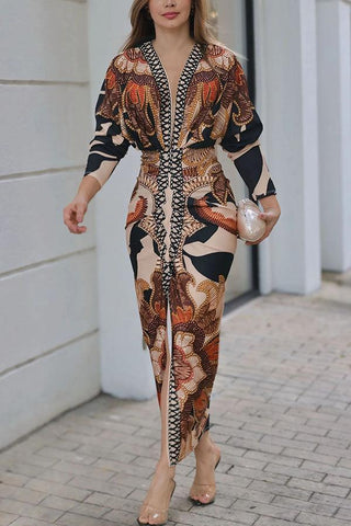 Yolanda™ - Sun Escape Unique Print Dolman Midi Dress
