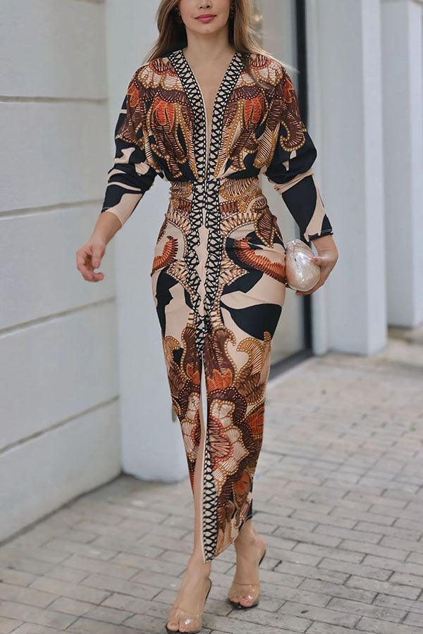 Yolanda™ - Sun Escape Unique Print Dolman Midi Dress