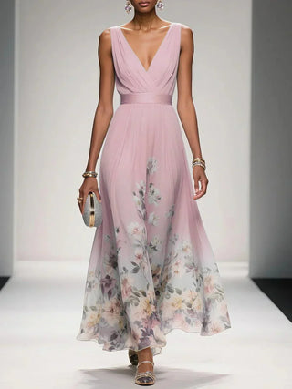 Sidonie™ - Light Blue Floral Chiffon V-Neck Maxi Dress
