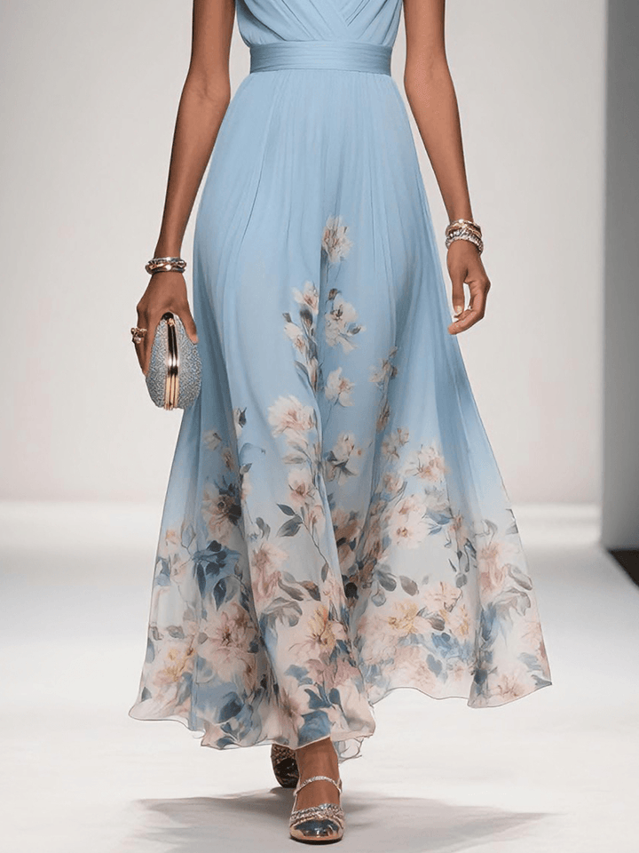Sidonie™ - Light Blue Floral Chiffon V-Neck Maxi Dress