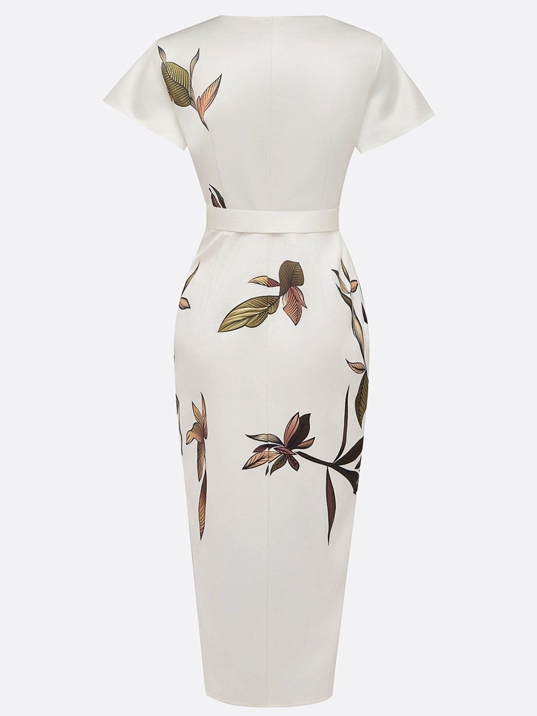 Petronilla™ - White Leaf Short Sleeve Satin Midi Dress