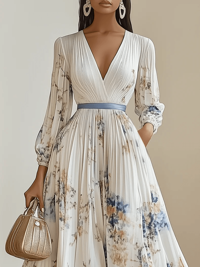 Ottavine™ - White Floral Chiffon Balloon Sleeve Maxi Dress