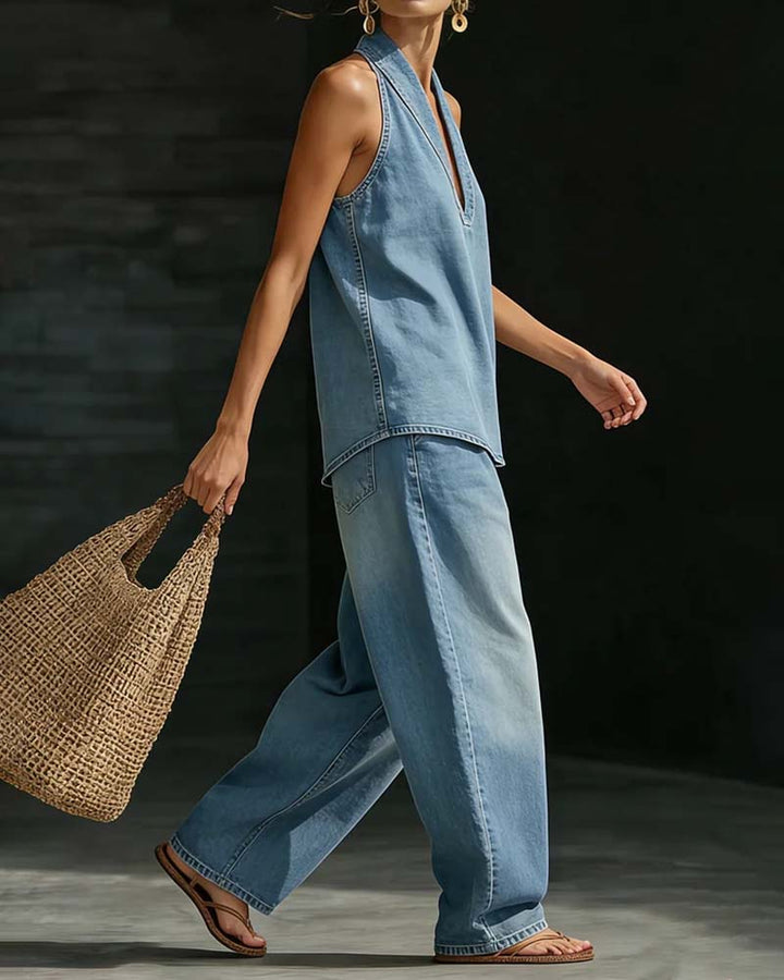 FEDERICA - Long Fluid Suit with V-Neck