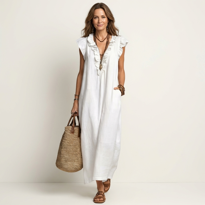 ELEONORE™ - Ruffle V-Neck Linen Maxi Dress