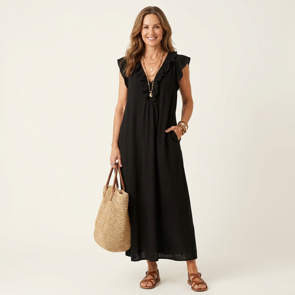 ELEONORE™ - Ruffle V-Neck Linen Maxi Dress
