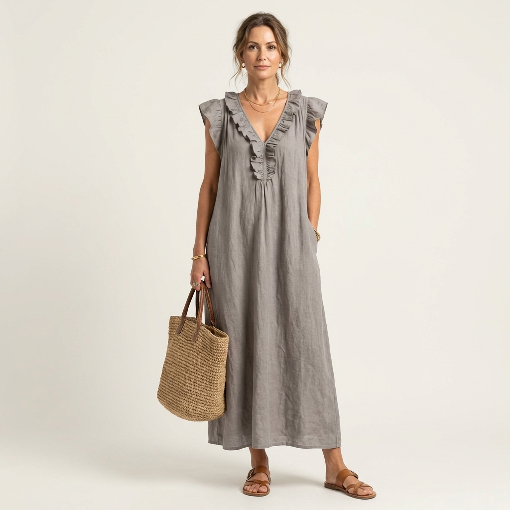 ELEONORE™ - Ruffle V-Neck Linen Maxi Dress