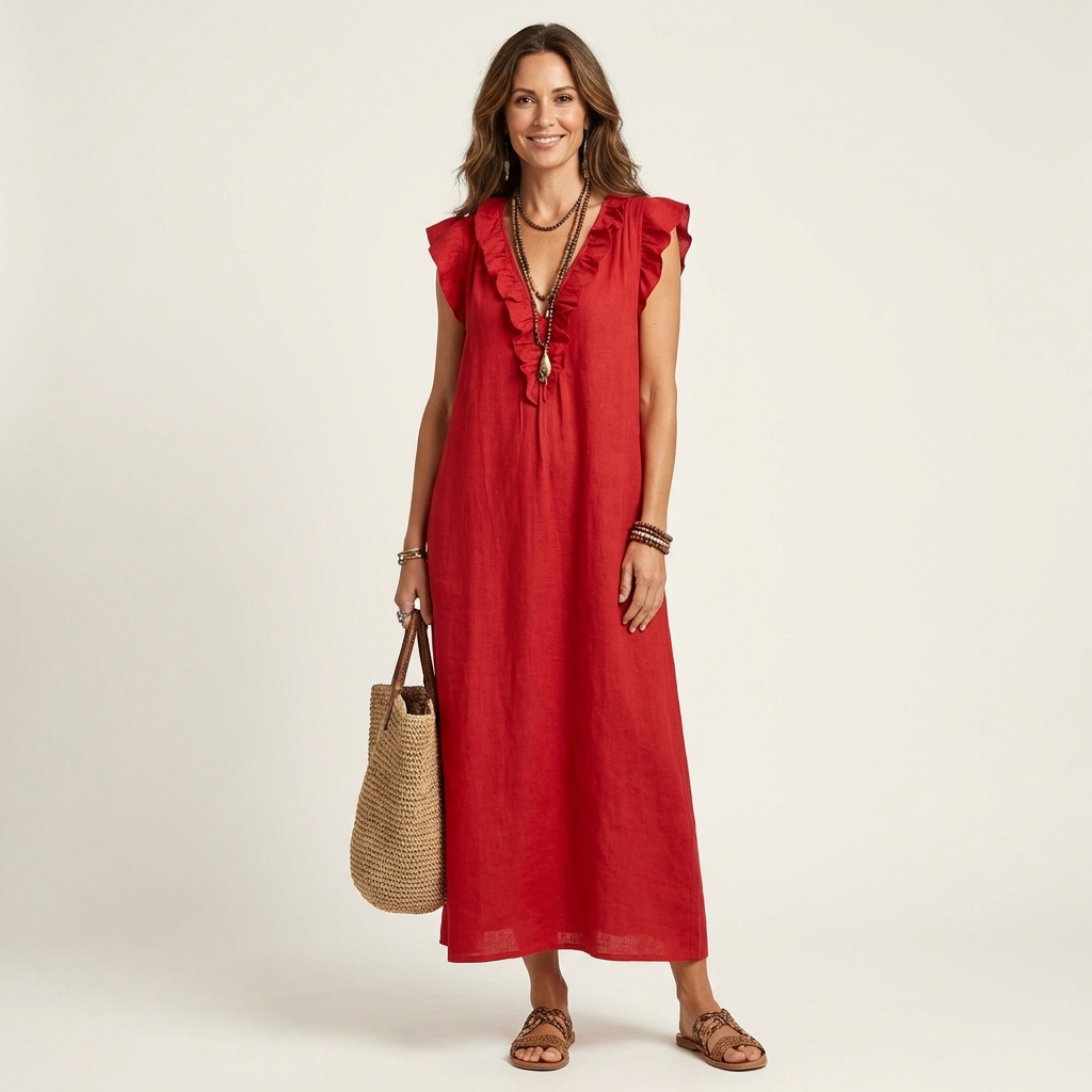 ELEONORE™ - Ruffle V-Neck Linen Maxi Dress