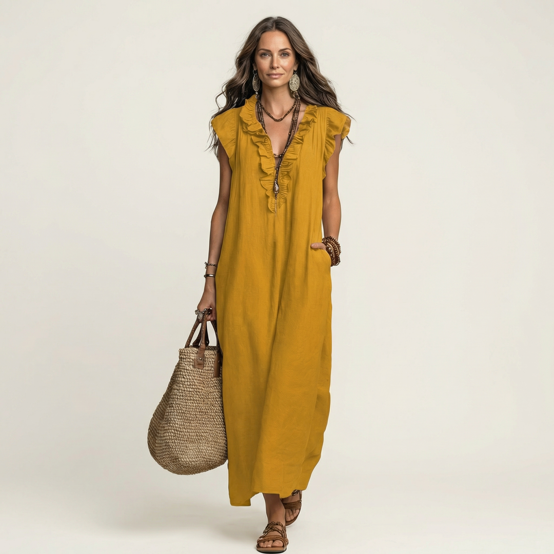 ELEONORE™ - Ruffle V-Neck Linen Maxi Dress