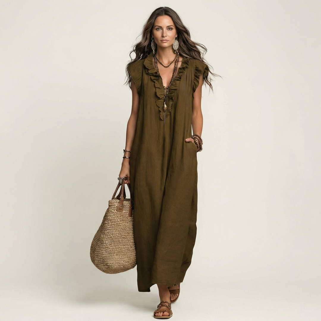 ELEONORE™ - Ruffle V-Neck Linen Maxi Dress