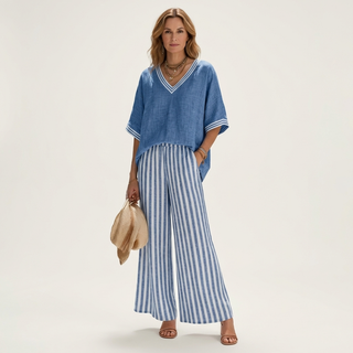 ARMELLE™ - V-Neck Varsity Top & Stripe Wide-Leg Set