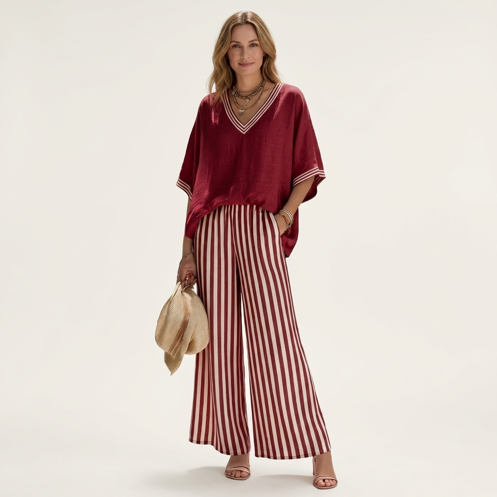 ARMELLE™ - V-Neck Varsity Top & Stripe Wide-Leg Set