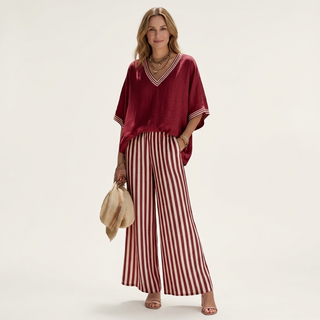 ARMELLE™ - V-Neck Varsity Top & Stripe Wide-Leg Set
