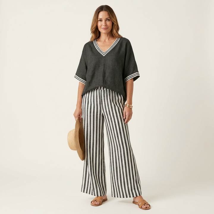ARMELLE™ - V-Neck Varsity Top & Stripe Wide-Leg Set
