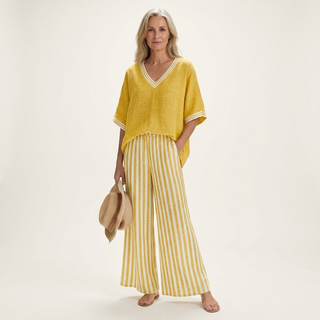 ARMELLE™ - V-Neck Varsity Top & Stripe Wide-Leg Set