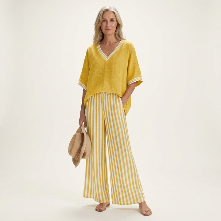 ARMELLE™ - V-Neck Varsity Top & Stripe Wide-Leg Set