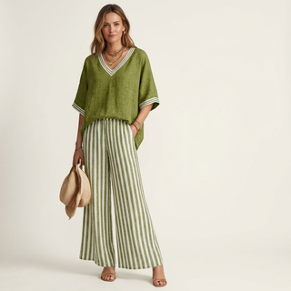 ARMELLE™ - V-Neck Varsity Top & Stripe Wide-Leg Set