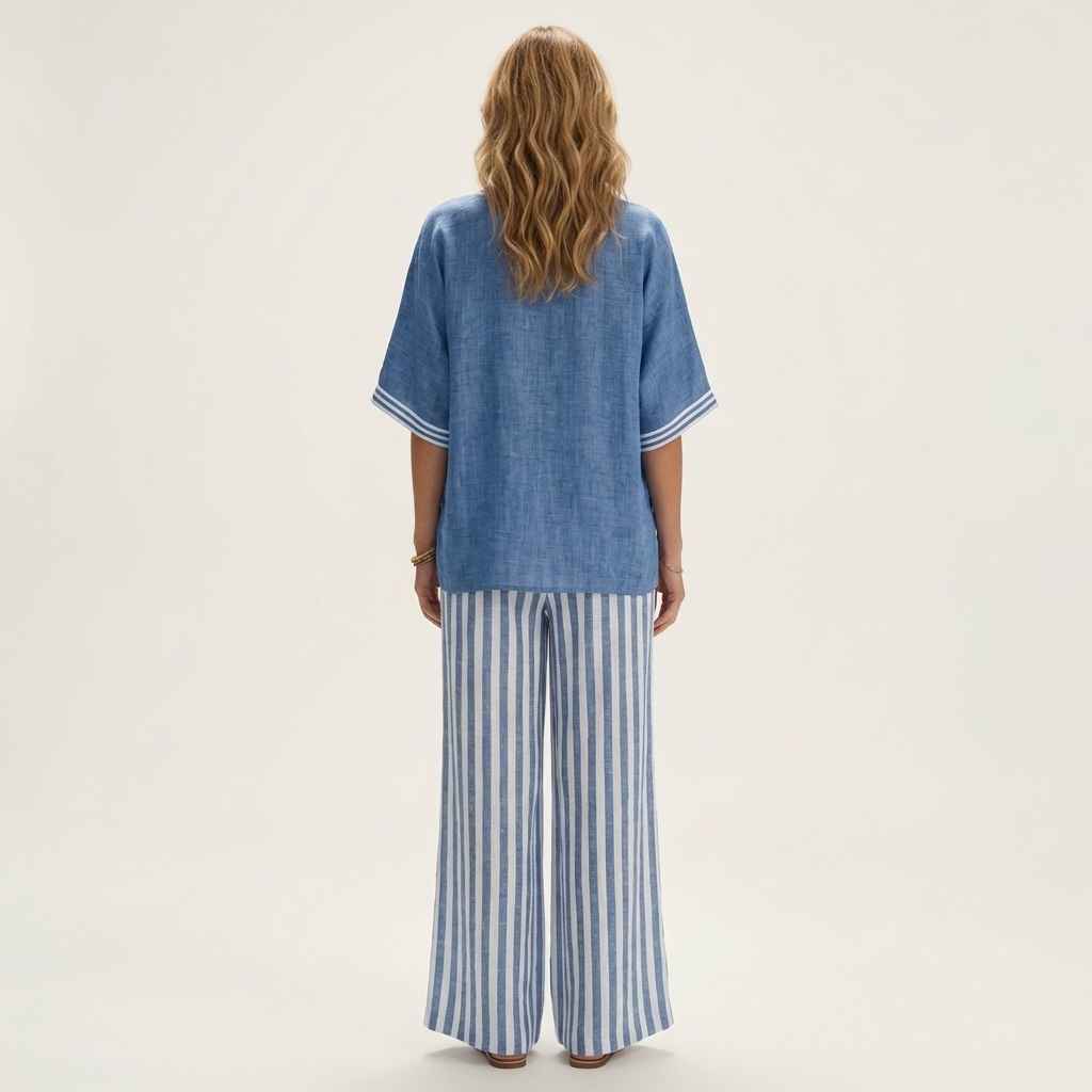 ARMELLE™ - V-Neck Varsity Top & Stripe Wide-Leg Set