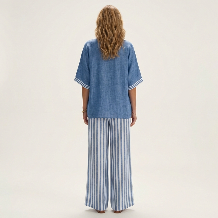 ARMELLE™ - V-Neck Varsity Top & Stripe Wide-Leg Set