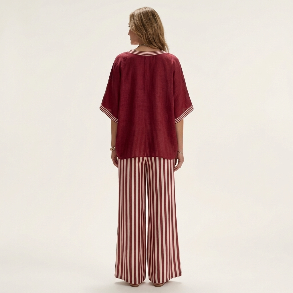 ARMELLE™ - V-Neck Varsity Top & Stripe Wide-Leg Set