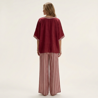 ARMELLE™ - V-Neck Varsity Top & Stripe Wide-Leg Set