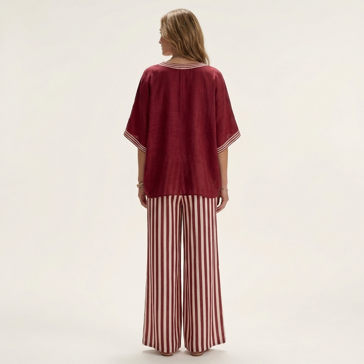 ARMELLE™ - V-Neck Varsity Top & Stripe Wide-Leg Set