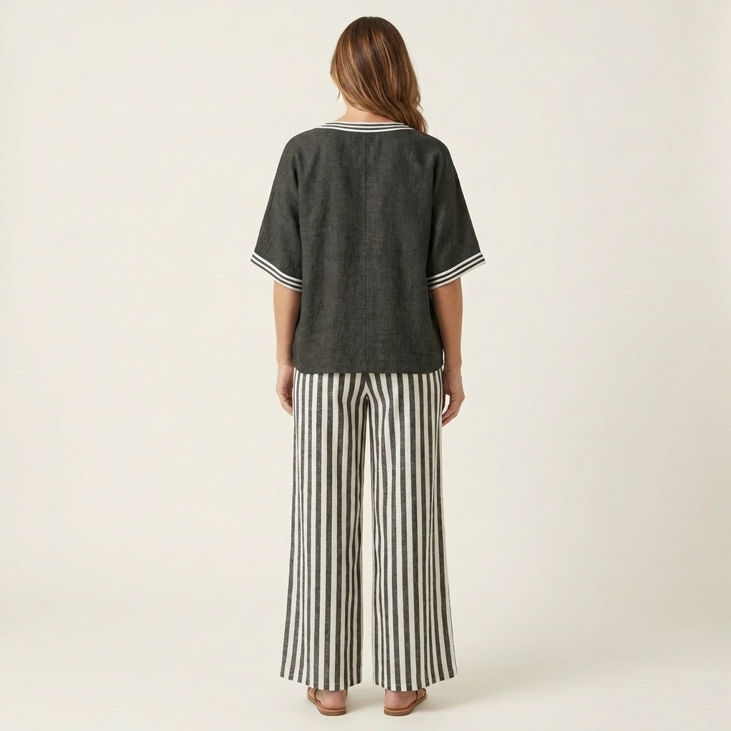 ARMELLE™ - V-Neck Varsity Top & Stripe Wide-Leg Set