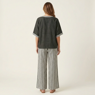 ARMELLE™ - V-Neck Varsity Top & Stripe Wide-Leg Set