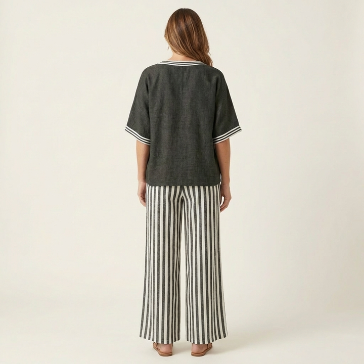 ARMELLE™ - V-Neck Varsity Top & Stripe Wide-Leg Set