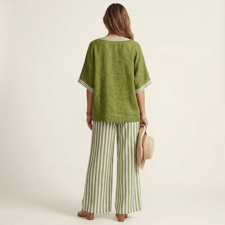 ARMELLE™ - V-Neck Varsity Top & Stripe Wide-Leg Set