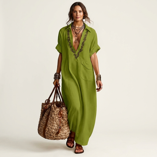 AURORE™ - Embroidered V-Neck Collar Linen Maxi Dress
