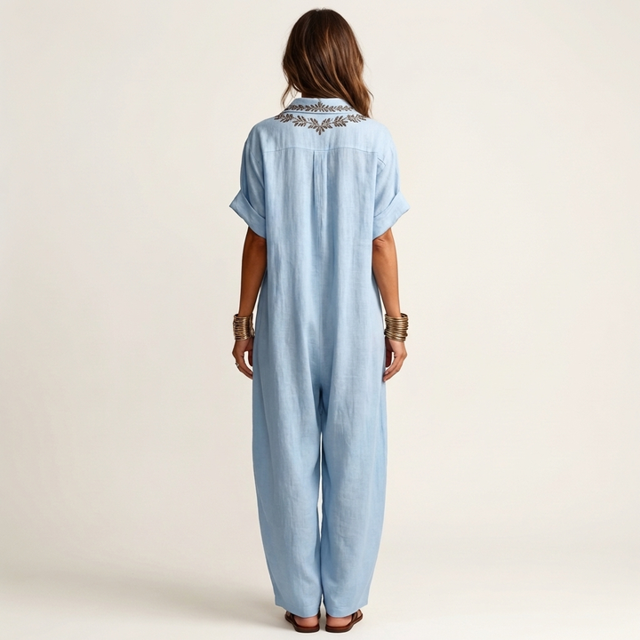 AURORE™ - Embroidered V-Neck Collar Linen Maxi Dress