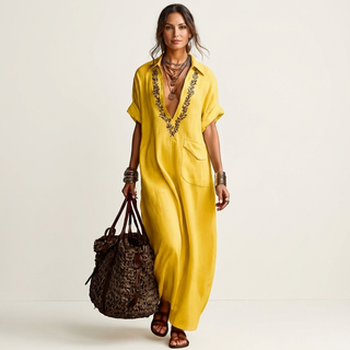 AURORE™ - Embroidered V-Neck Collar Linen Maxi Dress