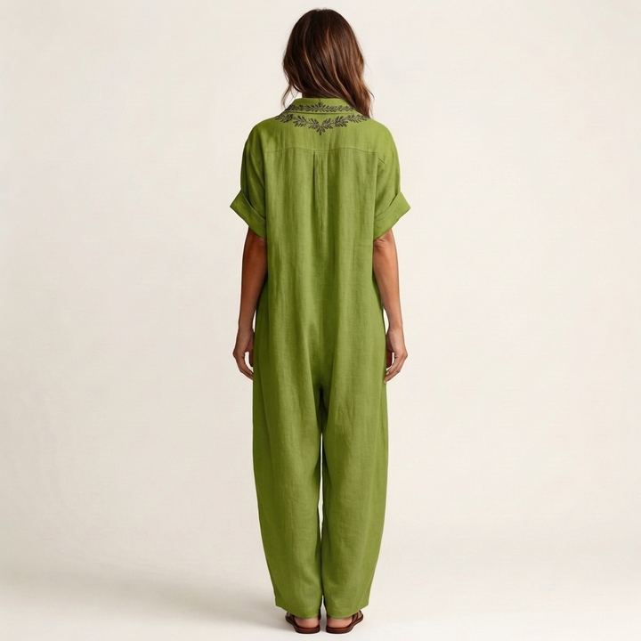 AURORE™ - Embroidered V-Neck Collar Linen Maxi Dress
