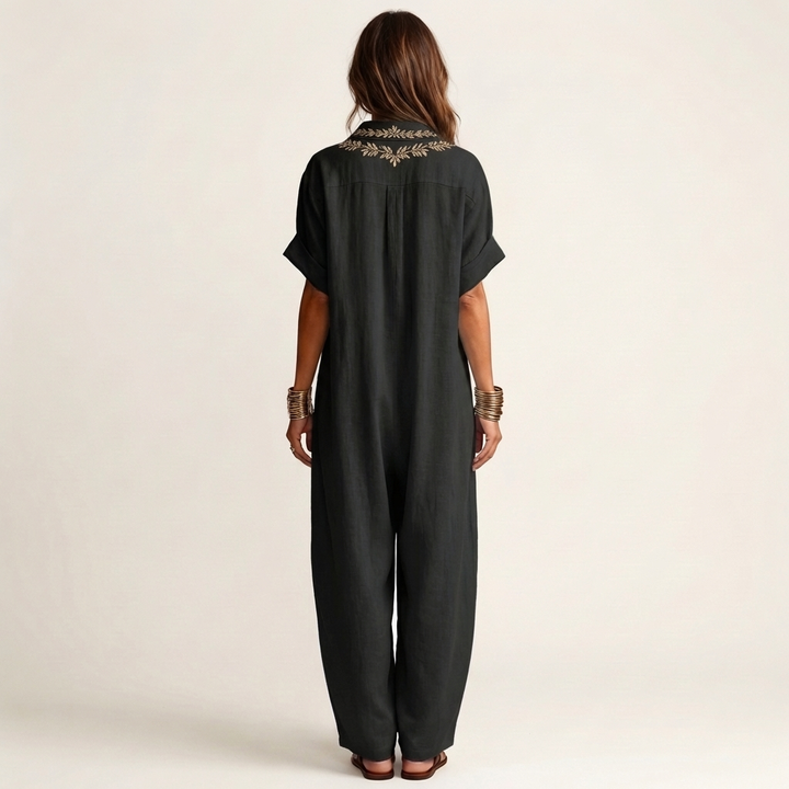 AURORE™ - Embroidered V-Neck Collar Linen Maxi Dress