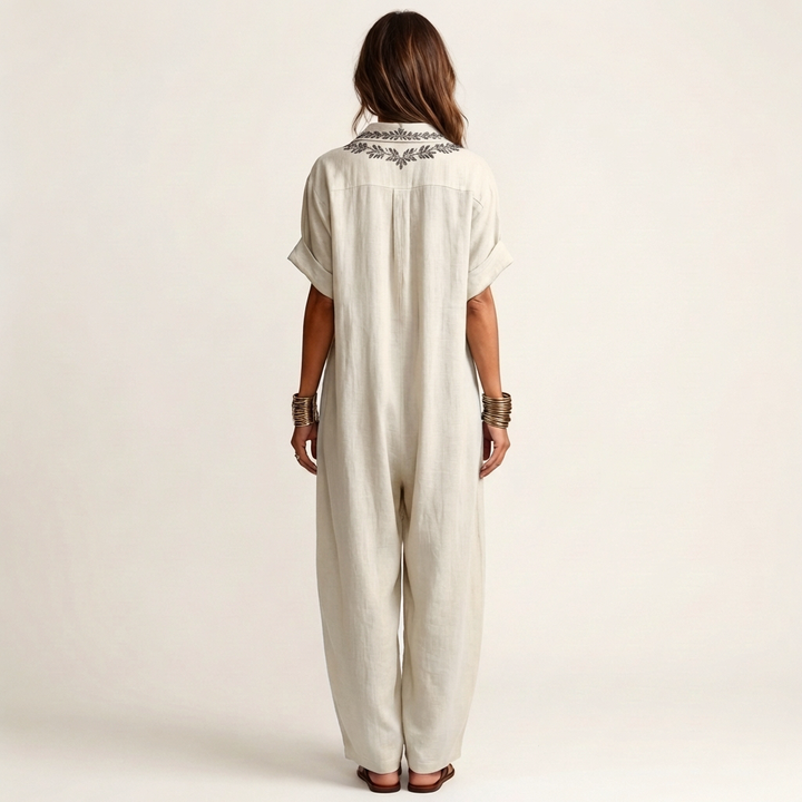 AURORE™ - Embroidered V-Neck Collar Linen Maxi Dress