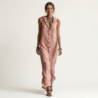 HENRIETTE™ - Hooded Button-Front Sleeveless Linen Maxi Dress