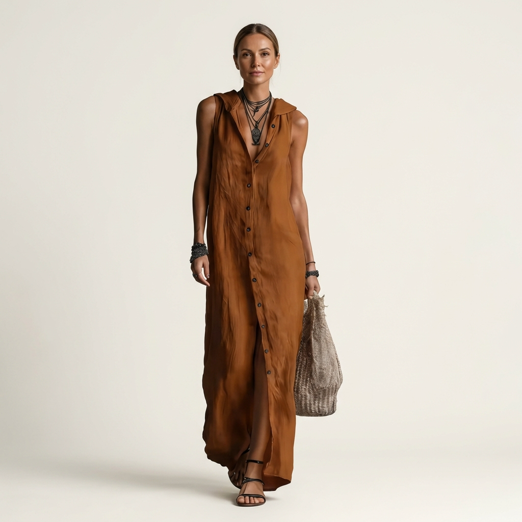 HENRIETTE™ - Hooded Button-Front Sleeveless Linen Maxi Dress