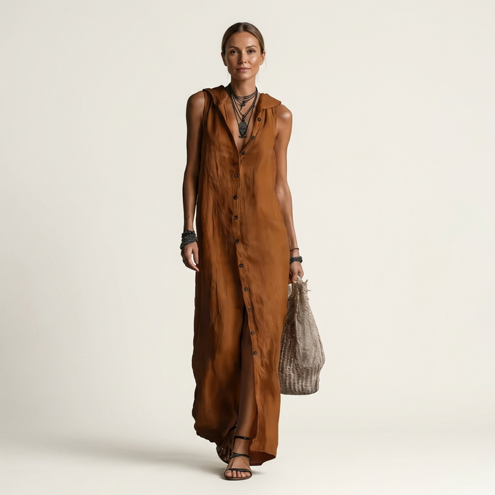 HENRIETTE™ - Hooded Button-Front Sleeveless Linen Maxi Dress