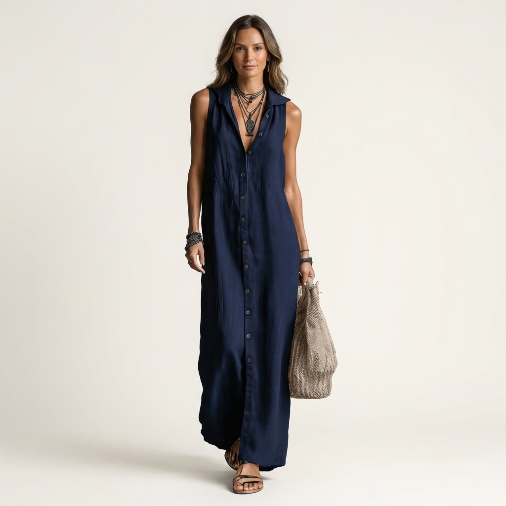 HENRIETTE™ - Hooded Button-Front Sleeveless Linen Maxi Dress