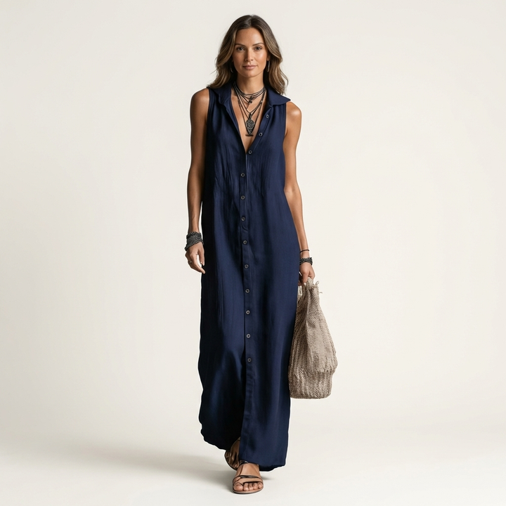 HENRIETTE™ - Hooded Button-Front Sleeveless Linen Maxi Dress