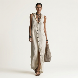HENRIETTE™ - Hooded Button-Front Sleeveless Linen Maxi Dress
