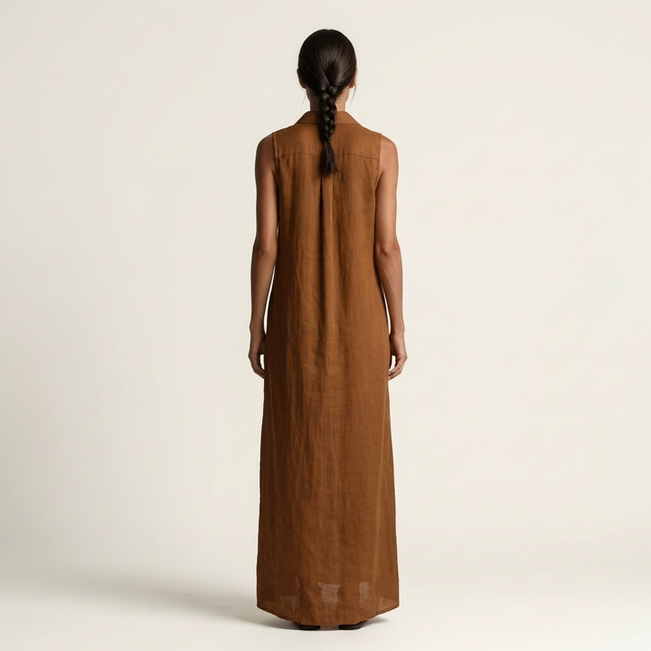 HENRIETTE™ - Hooded Button-Front Sleeveless Linen Maxi Dress