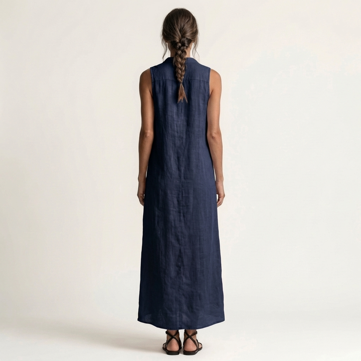 HENRIETTE™ - Hooded Button-Front Sleeveless Linen Maxi Dress