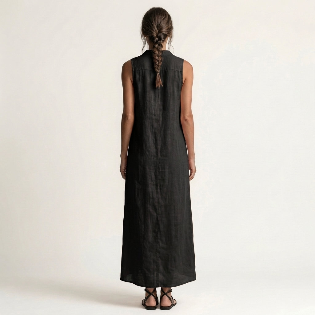 HENRIETTE™ - Hooded Button-Front Sleeveless Linen Maxi Dress